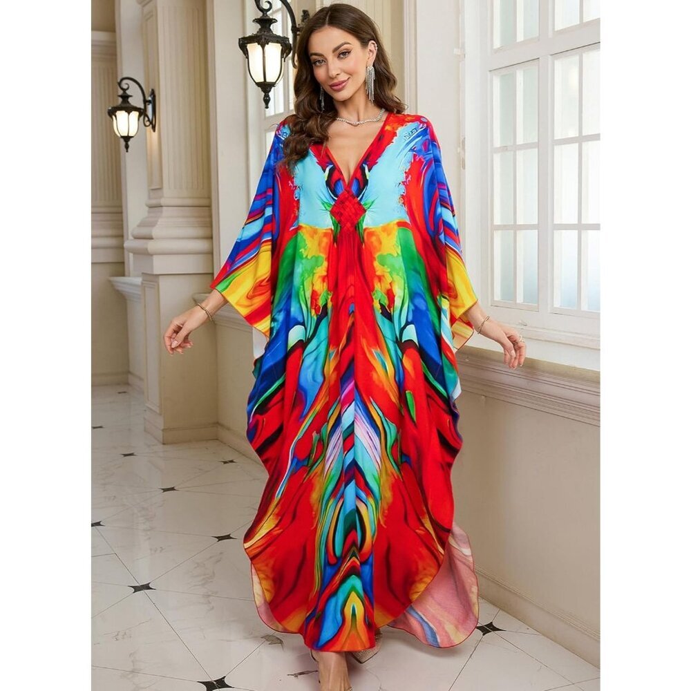 Women's Red Vivid V Neck Batwing Sleeves Summer Beach Cover Up Kaftan Dress - Picture 2 of 6